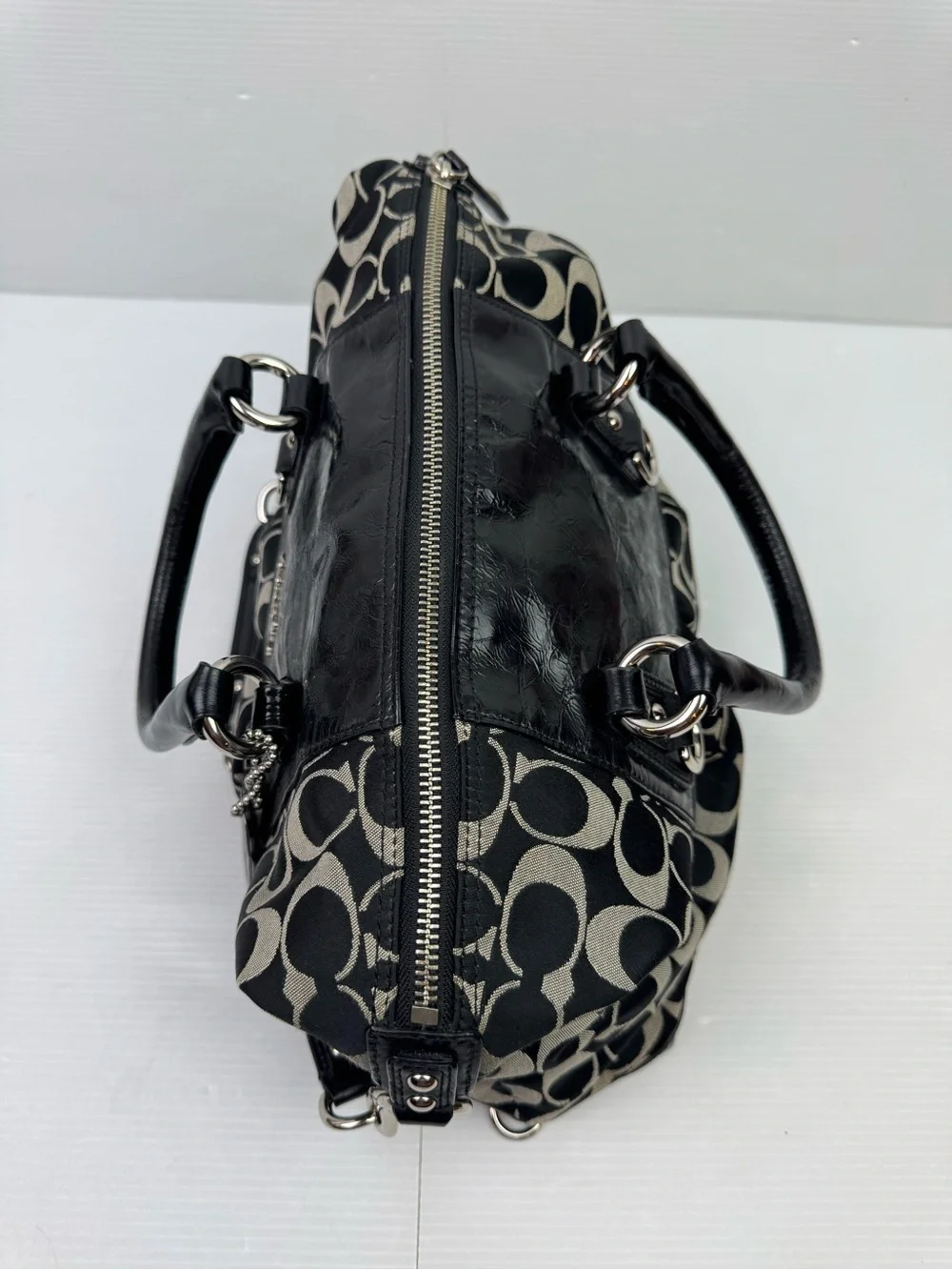 Coach F15443 Black Signature C Sateen Patent Leather Satchel Shoulder Handbag Ba